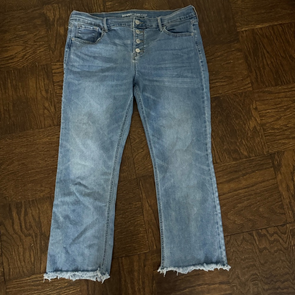 Midrise frayed flare jeans